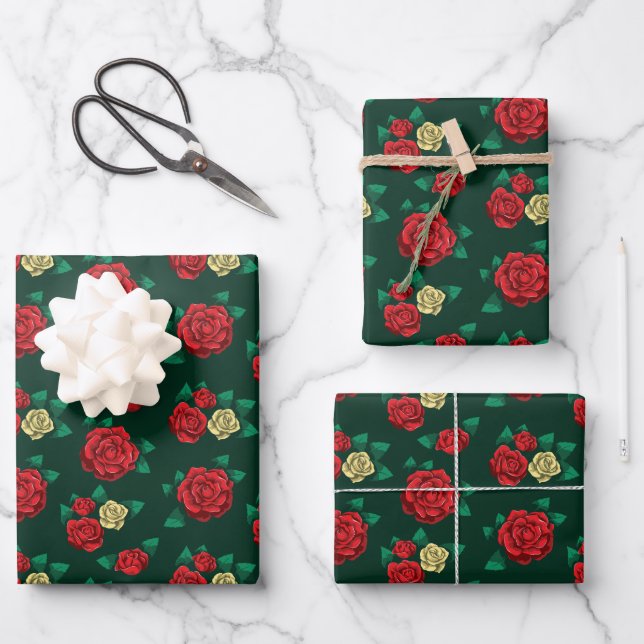 Frida Kahlo | Red and Gold Rose Pattern Wrapping Paper Sheets (Front)