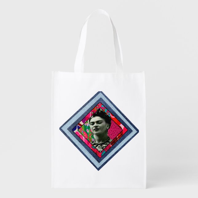 Frida Kahlo Retro Denim Diamond Grocery Bag (Front)
