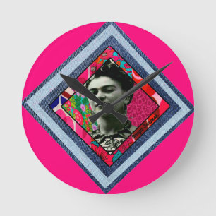 Frida Kahlo Retro Denim Diamond Round Clock
