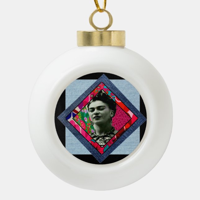 Frida Kahlo Retro Pink Denim Ceramic Ball Christmas Ornament (Front)