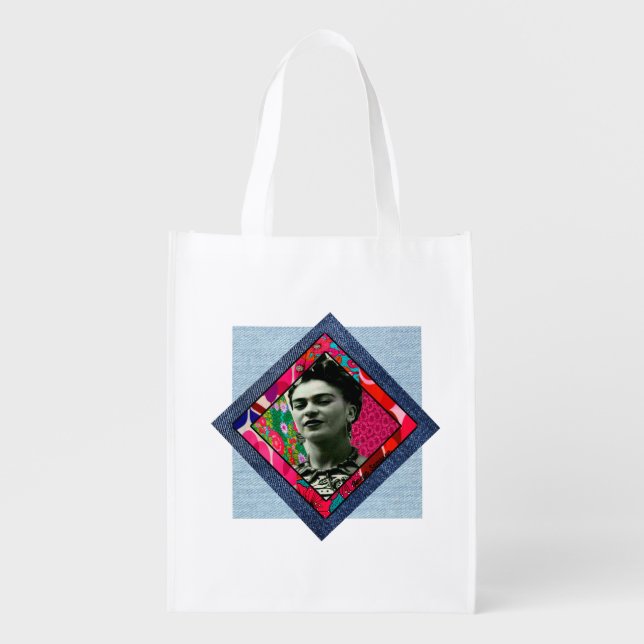 Frida Kahlo Retro Pink Denim Grocery Bag (Front)