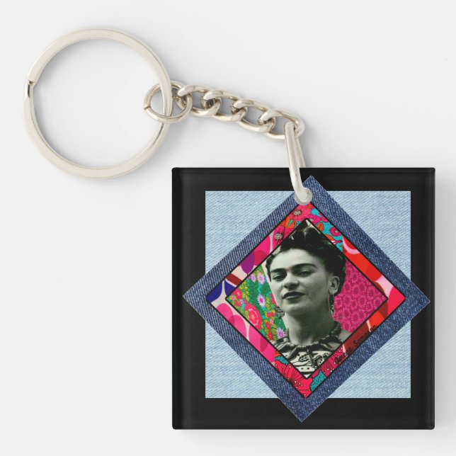 Frida Kahlo Retro Pink Denim Keychain (Front)