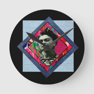 Frida Kahlo Retro Pink Denim Round Clock