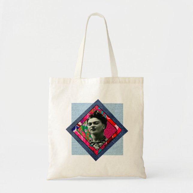 Frida Kahlo Retro Pink Denim Tote Bag (Front)
