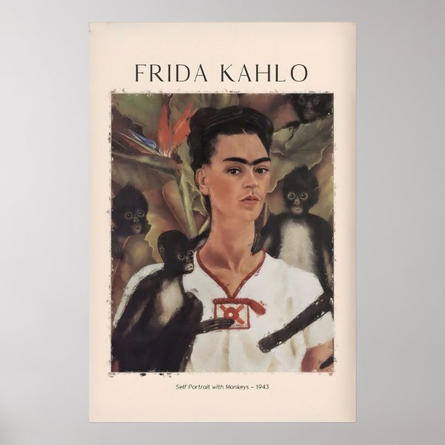 Frida Kahlo Self Portrait with Monkeys Famous Poster (Front)