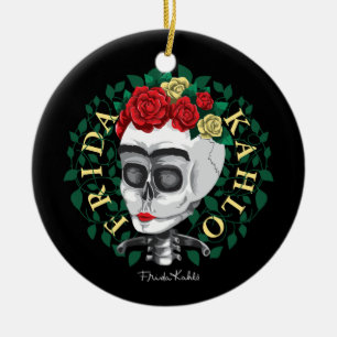Frida Kahlo Skull with Rose Crown Ceramic Ornament