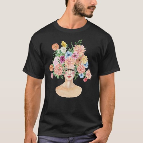 Frida Kahlo Watercolor Portrait _ Head of Flowers  T_Shirt