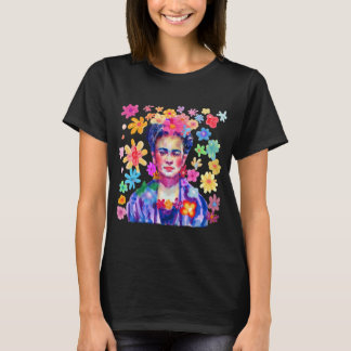 Frida Kahlo Watercolor Retro Groovy Flowers Women T-Shirt