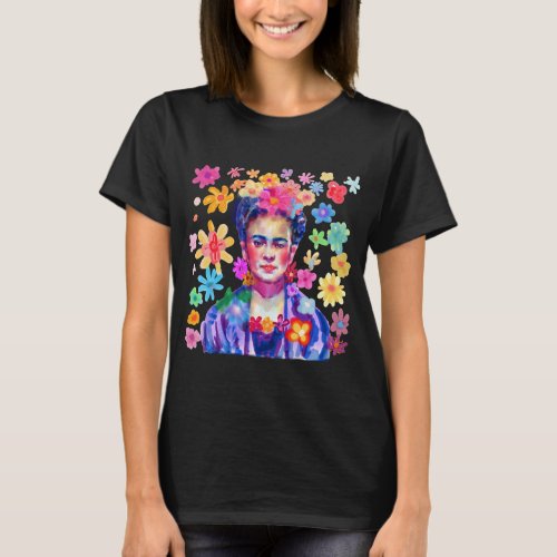 Frida Kahlo Watercolor Retro Groovy Flowers Women  T_Shirt