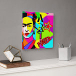 Frida POP ART  Square Wall Clock<br><div class="desc">"Frida Lives" with a colorful pop art portrait of Frida Kahlo - Square Wall Clock,  POP ART style
by O.M design</div>