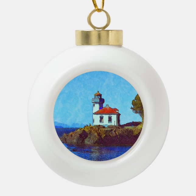 Friday Harbor Lime Kiln Lighthouse Ceramic Ball Christmas Ornament (Front)