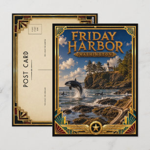 Friday Harbor Washington Vintage Art Deco Golden Postcard