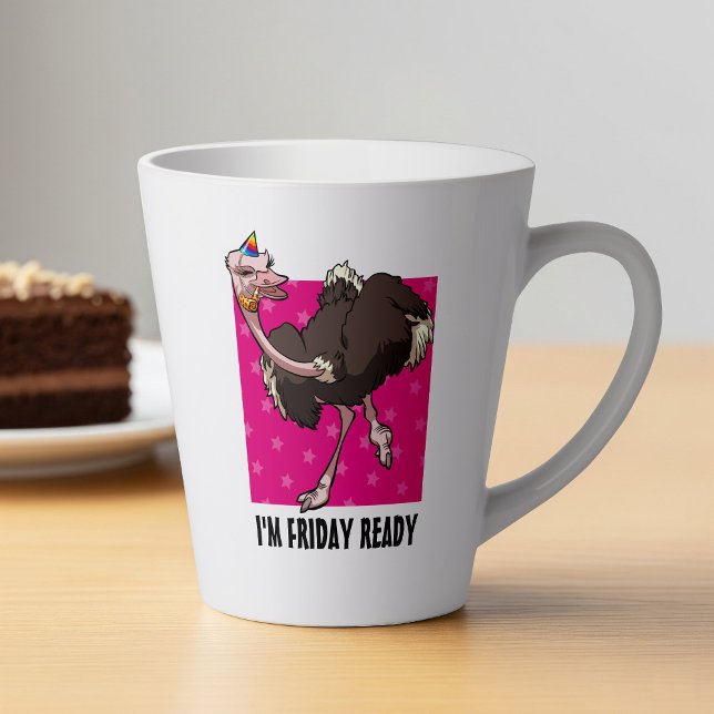 Friday Quote Funny Dancing Party Ostrich Cartoon Latte Mug (Creator Uploaded)