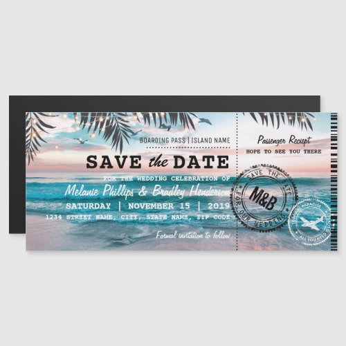 Fridge Save the Date Tropical Beach Palm Trees Magnetic Invitation - Beach destination magnetic save the date boarding pass themed invite with a tropical palm beach setting, string twinkle lights, and a modern wedding save the date template.