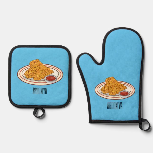 Fried chicken cartoon illustration oven mitt & pot holder set (Front)