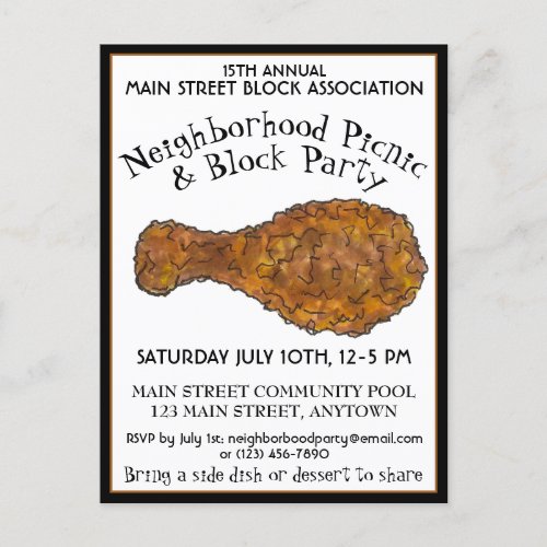 Fried Chicken Leg Picnic Cookout Block Party Invitation Postcard