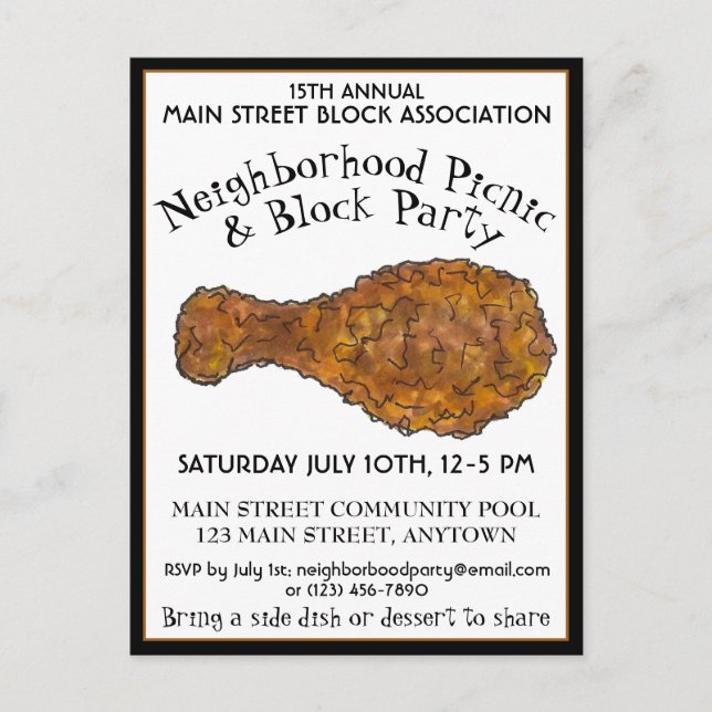 Fried Chicken Leg Picnic Cookout Block Party Invitation Postcard (Front)