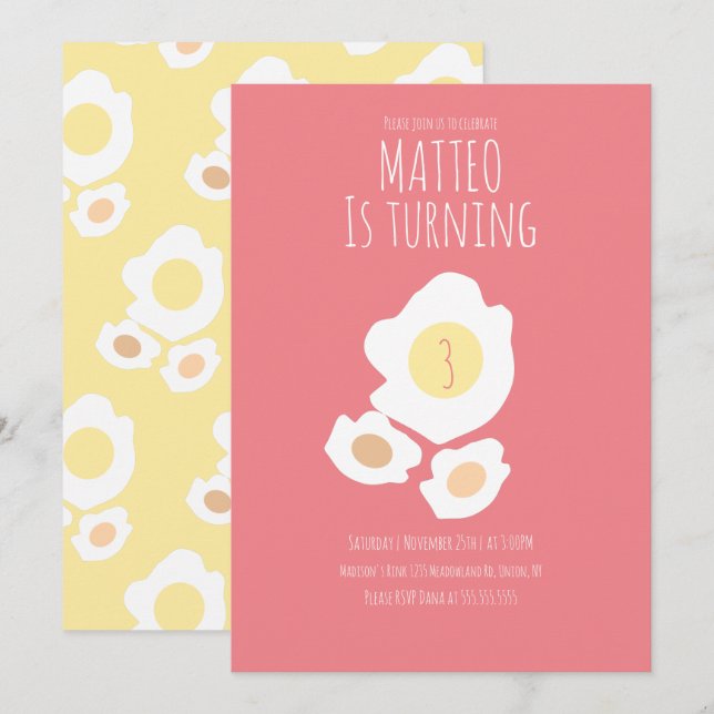 Fried Egg Turning Three Birthday Invitation (Front/Back)