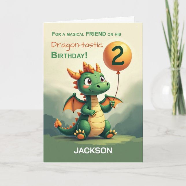 Friend 2nd Birthday Cute Dragon Personalize Balloo Card (Front)