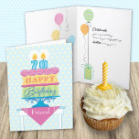 Friend 70th Birthday Cake Number Candles  Card<br><div class="desc">A birthday card for your 70 year old Friend. "Happy Birthday" is on each layer of the cake with pink decorative icing separating them. A subtle background of yellow and blue anchors the design. Bright colors and a bold graphic styling give this birthday wish a festive feel. You can also...</div>