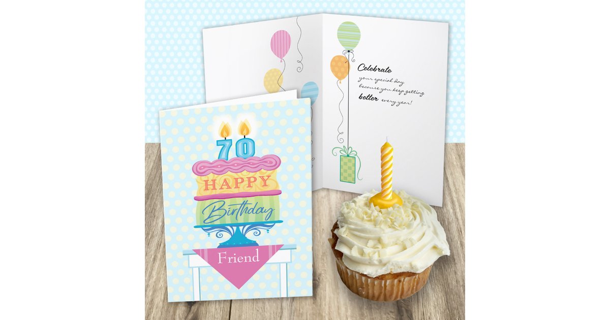 Friend 70th Birthday Cake Number Candles Card | Zazzle