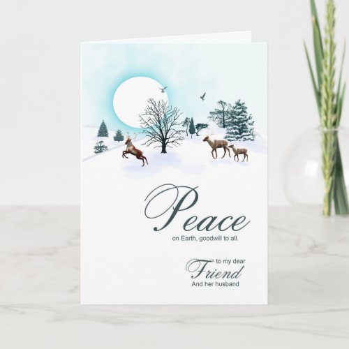 Friend and husband Christmas scene with reindeer Holiday Card
