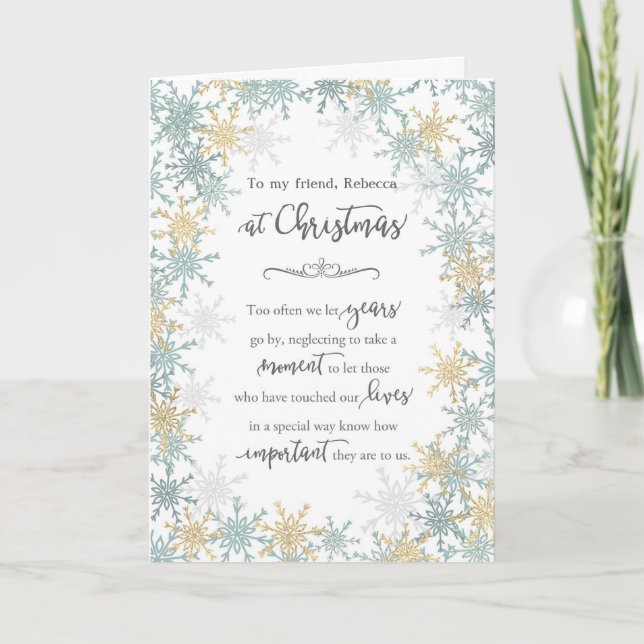 Friend at Christmas Glitter Snowflakes Personalize Card (Front)