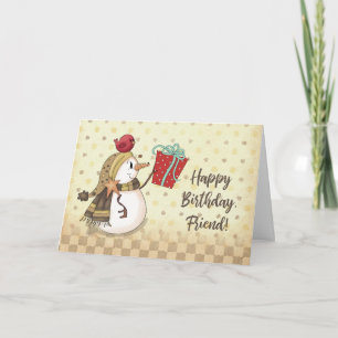 Friend Birthday Bird on Snowman with Present Card