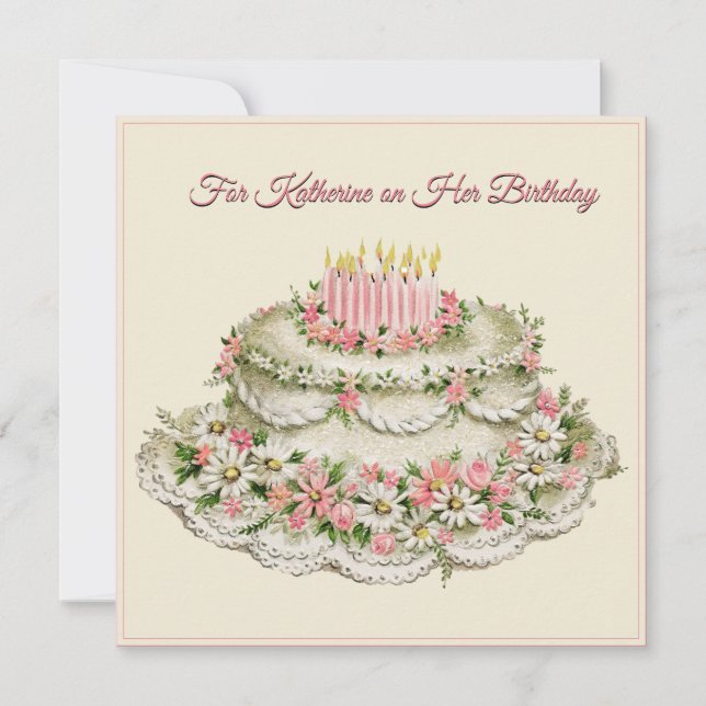 Friend Birthday Card Vintage Flower Cake and Poem  (Front)