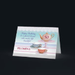 Friend Birthday Custom Name Teapot and Teacups, Re Card<br><div class="desc">Your friend is special and this religious card reflects that relationship. A tea time card that is sweet, with pearls around the teapot and lace hanging in the background is perfect with wish your friend happy birthday. Personalize with the name! Thanks to vecteezy.com/members/sunshine-91 and vecteezy.com/members/CharlesLeon for their images and lace...</div>