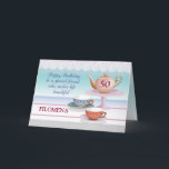 Friend Birthday Custom Name Teapot and Teacups, Re Card<br><div class="desc">Your friend is special and this religious card reflects that relationship. A tea time card that is sweet, with pearls around the teapot and lace hanging in the background is perfect with wish your friend happy birthday. Personalize with the name! Thanks to vecteezy.com/members/sunshine-91 and vecteezy.com/members/CharlesLeon for their images and lace...</div>