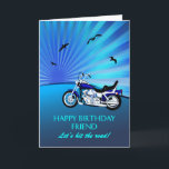Friend Birthday Motorbike Sunset Card<br><div class="desc">Happy birthday friend card with a motorbike. A perfect card for a biker. A blue motorbike with a stylized sunset and flying birds. Any bike enthusiast will love to get a card like this.</div>