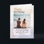 Friend Birthday Photo Modern Bible Verse Christian Card<br><div class="desc">Friend Birthday photo card depicts a modern tan and blue simple leaf design background. It features Bible Verse Proverbs 27:9,  "A sweet friendship refreshes the soul." The inside scripture Proverbs 27:17,  "Friends sharpen the minds of each other." The greeting can be personalized or deleted for a hand written message.</div>