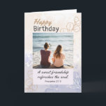 Friend Birthday Photo Modern Bible Verse Christian Card<br><div class="desc">Friend Birthday photo card depicts a modern tan and blue simple leaf design background. It features Bible Verse Proverbs 27:9,  "A sweet friendship refreshes the soul." The inside scripture Proverbs 27:17,  "Friends sharpen the minds of each other." The greeting can be personalized or deleted for a hand written message.</div>