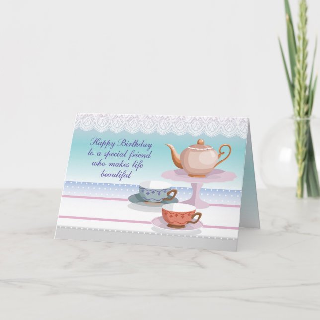 Friend Birthday Teapot and Teacups, Religious Card (Front)