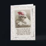 Friend Birthday - Vintage Girl in Bonnet Card<br><div class="desc">Sweet vintage inspired birthday card featuring a photo of a little girl in a bonnet with a pink ribbon, and a subtle damask background. Front of card reads, "Never a new day goes by, never an old year ends, without me sitting here pondering about old days, good times, old friends!"...</div>