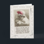 Friend Birthday - Vintage Girl in Bonnet Card<br><div class="desc">Sweet vintage inspired birthday card featuring a photo of a little girl in a bonnet with a pink ribbon, and a subtle damask background. Front of card reads, "Never a new day goes by, never an old year ends, without me sitting here pondering about old days, good times, old friends!"...</div>