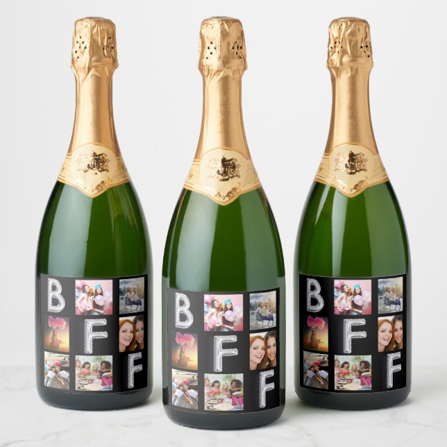 Friend black silver photo collage BFF  Sparkling Wine Label (Bottles)