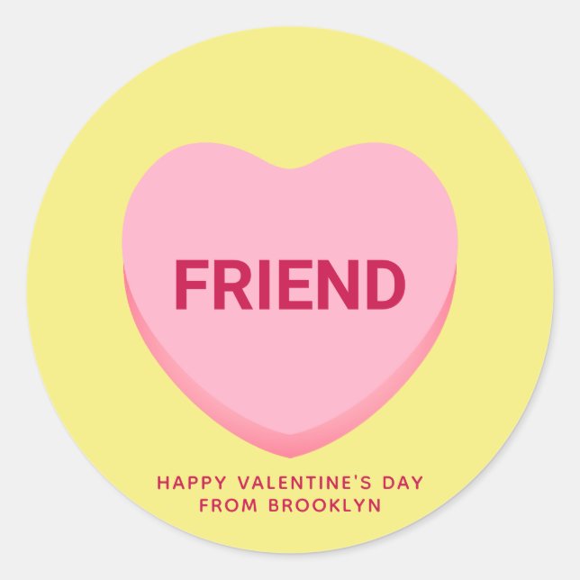 Friend conversation heart pink yellow Valentine's Classic Round Sticker (Front)