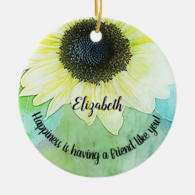 Friend Friendship Monogram Sunflower Happiness Ceramic Ornament (Front)