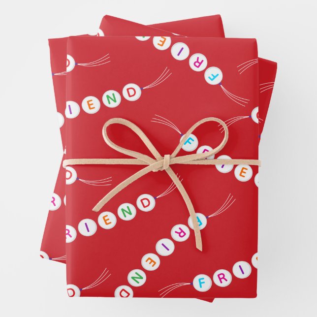 Friend fun cute friendship bracelet pattern red wrapping paper sheets (In situ)