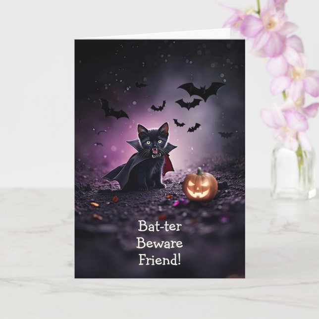 Friend Halloween Cute and Funny Black Kitten Card (Orchid)