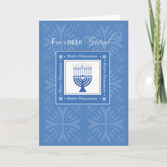 Friend Hanukkah Wishes Blue Menorah Holiday Card (Front)