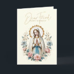 FRIEND Happy Birthday Floral Religious Thank You Card<br><div class="desc">Featuring a religious birthday card for a DEAR FRIEND with beautiful flowers in a vase and a traditional Catholic image of the Blessed Virgin Mary,  Our Lady of Lourdes   A Scripture verse is on the inside with the flowers and rosary.  All text and fonts can be modified.</div>