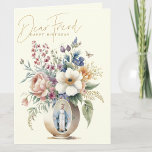 FRIEND Happy Birthday Floral Religious Thank You Card<br><div class="desc">Featuring a religious birthday card for a DEAR FRIEND with beautiful flowers in a vase and a traditional Catholic image of the Blessed Virgin Mary,  Our Lady of Grace.   A Scripture verse is on the inside with the flowers and rosary.  All text and fonts can be modified.</div>