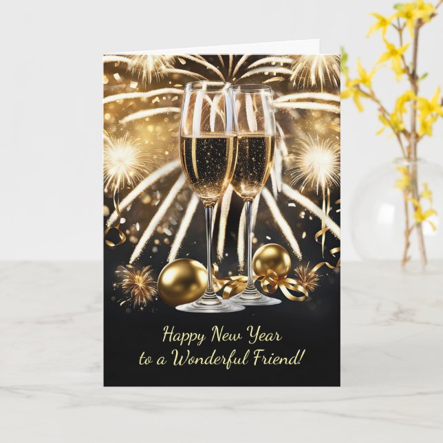 Friend Happy New Year Champagne Bubbly Fireworks  Card (Yellow Flower)