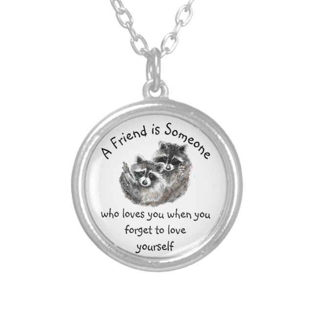 Friend Loves You Cute Raccoons  Quote Silver Plated Necklace (Front)