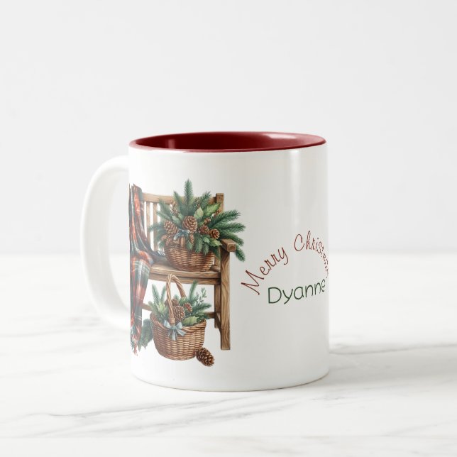 Friend Merry Christmas Blanket Bench Cozy Two-Tone Coffee Mug (Front Left)