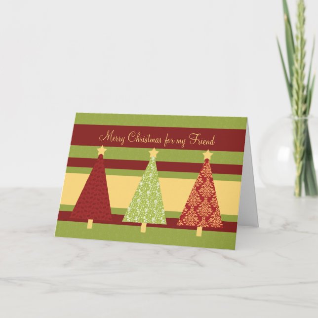 Friend Merry Christmas Card Patterned Trees (Front)