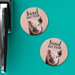 friend not food pink with cute piglet vegan magnet<br><div class="desc">This Friend not food vegan fridge magnet features black text and a cute black and pink piglet on a pink background. Let anyone know that animals are our friends, not our food. If you need help, further customization, or other matching items, please feel free to contact me. (See matching items...</div>